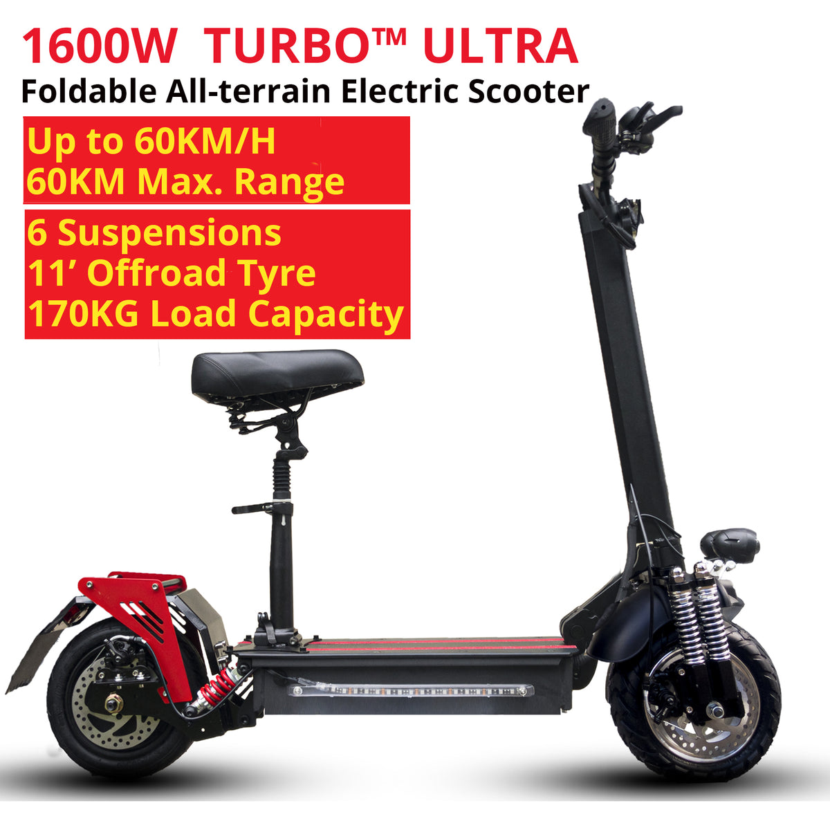 TURBO ULTRA Off Road Electric Scooter with Seat 1600W 60KM/H 60KM Max ...